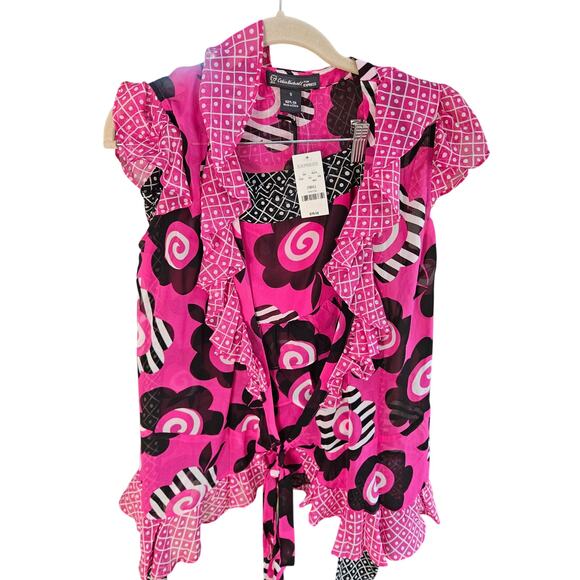 Celia Birdwell Vintage 2 Piece Skirt set Pink Black White Wrap Top Ruffled Sz SM - Picture 9 of 14